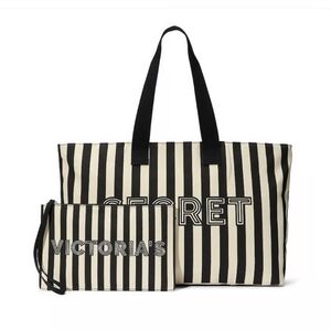 NWT Victoria's Secret Black and White Striped Tote With Wristlet Matching Pouch